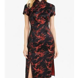 Yi Fang Satin Asian Cheongsam Dress Womens 4-6 Black Red Long Slits Formal